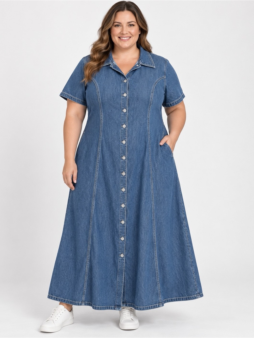 bill blass Blue Denim Button-Front Maxi Dress